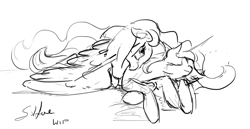 Size: 1280x659 | Tagged: safe, artist:silfoe, derpibooru import, princess celestia, princess luna, alicorn, pony, cuddling, grayscale, lunadoodle, monochrome, prone, sketch, snuggling, wip