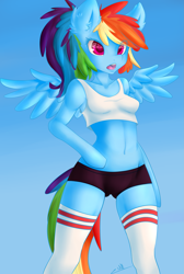 Size: 2067x3081 | Tagged: safe, artist:zodiacnicola, derpibooru import, rainbow dash, anthro, arm hooves, belly button, clothes, high res, midriff, open mouth, socks, solo, sports bra, thigh highs