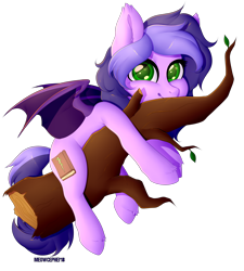 Size: 2000x2225 | Tagged: safe, alternate version, artist:meowcephei, oc, oc only, oc:midnight reverie, bat pony, bat pony oc, cute, log, simple background, solo, transparent background, tree branch, ych result