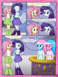 Size: 3024x4032 | Tagged: safe, artist:horsecat, aloe, fluttershy, lotus blossom, rarity, comic:a very normal day at the spa, equestria girls, boots, breasts, clothes, comic, definitely not shipping, equestria girls-ified, hairband, implied flarity, implied lesbian, implied shipping, shoes, skirt, socks, spa, spa twins, tanktop
