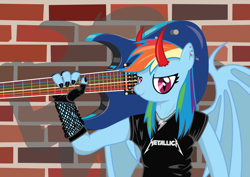 Size: 2526x1785 | Tagged: safe, artist:varijani, derpibooru import, rainbow dash, anthro, guitar, metal, metallica, nail polish, solo