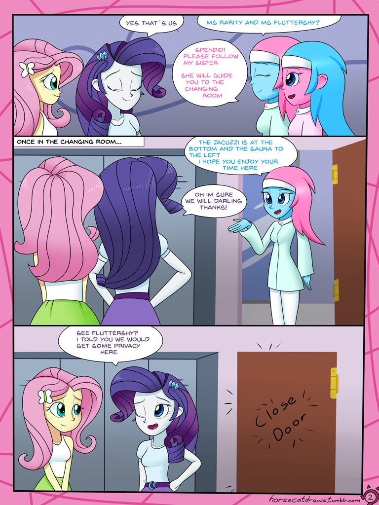 108203 - safe, artist:horsecat, aloe, fluttershy, lotus blossom, rarity,  comic:a very normal day at the spa, equestria girls, clothes, comic,  definitely not shipping, equestria girls-ified, hairband, skirt, spa, spa  twins, tanktop -