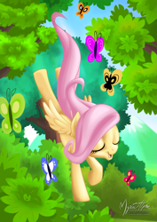 Size: 1447x2047 | Tagged: safe, artist:mysticalpha, fluttershy, butterfly, pegasus, pony, cute, eyes closed, female, filly, foal, shyabetes, solo