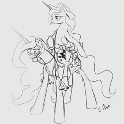 Size: 1280x1280 | Tagged: safe, artist:silfoe, derpibooru import, princess celestia, princess luna, alicorn, pony, bit gag, bridle, celestia is not amused, cigarette, cowboy hat, frown, gag, grayscale, gritted teeth, gun, hat, holster, how, lunadoodle, monochrome, mouth hold, ponies riding ponies, reins, revolver, saddle, serious, simple background, sketch, smoking, spurs, stirrups, wat, whip, wide eyes