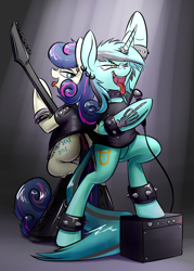 Size: 1250x1748 | Tagged: safe, artist:underpable, derpibooru import, bon bon, lyra heartstrings, sweetie drops, earth pony, pony, unicorn, bracelet, clothes, electric guitar, female, guitar, horn ring, mare, metal, microphone, music, open mouth, spiked wristband, tattoo, tongue out