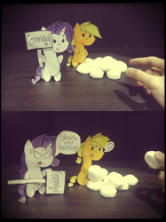 Size: 1494x2000 | Tagged: safe, artist:canvymamamoo, derpibooru import, applejack, rarity, earth pony, pony, >:c, angry, cannibalism, marshmallow, marshmelodrama, paper child, paper pony, papercraft, rarity is a marshmallow, sign