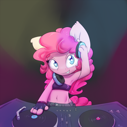 Size: 1250x1250 | Tagged: safe, artist:alasou, derpibooru import, pinkie pie, anthro, armpits, bandeau, belly button, clothes, fingerless gloves, gloves, midriff, solo, tube top, turntable