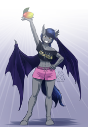 Size: 1500x2159 | Tagged: safe, artist:mykegreywolf, oc, oc only, oc:echo, anthro, bat pony, unguligrade anthro, abs, anthro oc, belly button, clothes, eeee, food, fruit, grin, looking at you, mango, midriff, short shirt, shorts, signature, smiling, solo, that batpony sure does love mangoes