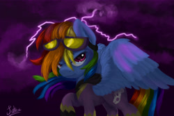 Size: 8987x6000 | Tagged: safe, artist:spectrumblaze, rainbow dash, pegasus, pony, absurd resolution, clothes, goggles, lightning, raised hoof, shadowbolt dash, shadowbolts costume, signature, solo, spread wings