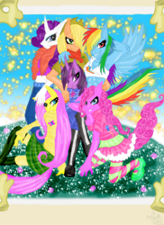 Size: 600x825 | Tagged: safe, artist:blackmidnightkat, derpibooru import, applejack, fluttershy, pinkie pie, rainbow dash, rarity, twilight sparkle, anthro, earth pony, pony, clothes, mane six