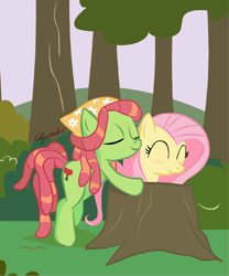 Size: 992x1195 | Tagged: safe, artist:chopsticks, fluttershy, tree hugger, pegasus, pony, cute, female, flutterhugger, fluttertree, funny, lesbian, literal, name pun, pun, shipping, tree, tree costume, tree hugger hugging a tree, visual pun