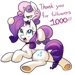 Size: 1280x1280 | Tagged: safe, artist:maren, derpibooru import, rarity, sweetie belle, pony, unicorn, followers, milestone, prone, underhoof