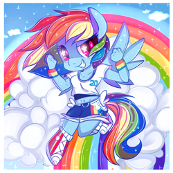 Size: 2000x2000 | Tagged: safe, artist:suzuii, derpibooru import, rainbow dash, anthro, chibi, cloud, cloudy, rainbow, solo, sparkles, wingding eyes, wristband