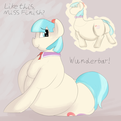 Size: 2500x2500 | Tagged: safe, artist:lupin quill, coco pommel, earth pony, pony, belly, big belly, chubby, coco pudge, dialogue, fat, implied photo finish, offscreen character, simple background, smiling, solo