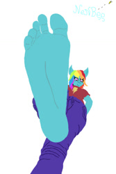 Size: 730x1095 | Tagged: safe, artist:nenbee, derpibooru import, rainbow dash, anthro, plantigrade anthro, barefoot, feet, foot fetish, foot focus, giant anthro, giantess, looking at you, macro, pov, soles, solo, stomping, toes