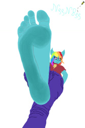 Size: 730x1095 | Tagged: safe, artist:nenbee, derpibooru import, rainbow dash, anthro, plantigrade anthro, barefoot, dirty, feet, foot fetish, foot focus, giant anthro, giantess, macro, micro, pov, soles, solo, stomping, toes