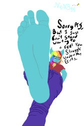 Size: 730x1095 | Tagged: safe, artist:nenbee, derpibooru import, applejack, rainbow dash, anthro, earth pony, plantigrade anthro, pony, dialogue, feet, foot fetish, foot focus, giant anthro, giantess, macro, micro, pov, soles, stomping, toes