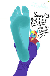 Size: 730x1095 | Tagged: safe, artist:nenbee, derpibooru import, applejack, rainbow dash, anthro, bee, earth pony, plantigrade anthro, pony, barefoot, dirty, feet, foot fetish, foot focus, giant anthro, giantess, implied applejack, macro, micro, pov, soles, stomping, toes