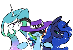 Size: 640x435 | Tagged: safe, artist:underpable, derpibooru import, princess celestia, princess luna, rainbow dash, alicorn, pegasus, pony, :i, :p, angry, floppy ears, frown, glare, hat, hug, pimp hat, simple background, smirk, sunglasses, tickling, tongue out, unamused