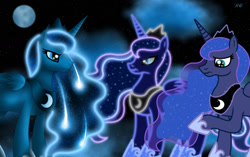 Size: 1550x972 | Tagged: safe, artist:rose-beuty, princess luna, alicorn, pony, crown, female, females only, horn, mare, moon, raised hoof, self ponidox, starry background, trio, wings