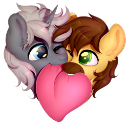 Size: 3000x3000 | Tagged: safe, artist:meowcephei, oc, oc only, oc:ardent shield, oc:calpain, pony, unicorn, bust, colored pupils, couple, cute, ear fluff, gay, hearts and hooves day, holiday, looking at each other, male, oc x oc, one eye closed, pillow, shipping, simple background, transparent background, valentine's day, ych result