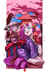 Size: 2031x2952 | Tagged: safe, artist:knifedragon, part of a set, rarity, spike, dragon, pony, unicorn, cherry blossoms, clothes, conical hat, female, grin, hat, kimono (clothing), male, seasons, shipping, sparity, spring, straight, underhoof