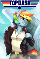 Size: 800x1200 | Tagged: safe, artist:siden, derpibooru import, rainbow dash, anthro, pegasus, belt, belt buckle, clothes, dog tags, female, glasses, jacket, mare, open clothes, open jacket, pants, parody, shirt, smiling, solo, sunglasses, t-shirt, top gun