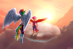 Size: 1280x853 | Tagged: safe, artist:siden, derpibooru import, rainbow dash, scootaloo, anthro, unguligrade anthro, backlighting, cloud, cloudy, crying, female