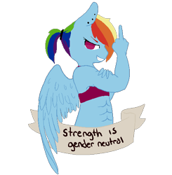 Size: 500x510 | Tagged: safe, artist:superdeathsquad, derpibooru import, rainbow dash, anthro, abs, aside glance, ear piercing, earring, female, feminist ponies, flexing, grin, jewelry, looking at you, middle finger, mouthpiece, piercing, sideways glance, simple background, smiling, smirk, solo, spread wings, subversive kawaii, transparent background, vector, vulgar, wings