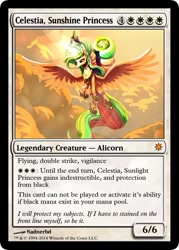 Size: 375x523 | Tagged: safe, artist:nadnerbd, derpibooru import, princess celestia, alicorn, pony, cloud, cloudy, crepuscular rays, female, flying, glowing horn, magic, magic the gathering, majestic, mare, trading card