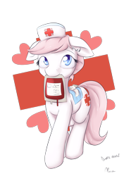 Size: 950x1350 | Tagged: safe, artist:alasou, derpibooru import, nurse redheart, bandage, blood, blood transfusion, cute, female, floppy ears, mouth hold, solo