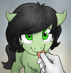 Size: 594x612 | Tagged: artist needed, safe, anonpony, oc, oc only, oc:anon, oc:anon filly, earth pony, pony, :p, c:, crying, cute, eye clipping through hair, female, filly, floppy ears, fluffy, gradient background, hand, happy, looking at you, open mouth, raised eyebrow, smiling, tears of joy, tears of pain, tongue holding, tongue out