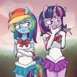 Size: 800x800 | Tagged: safe, artist:lucidlarceny, derpibooru import, rainbow dash, twilight sparkle, anthro, clothes, sailor moon, sailor scout, skirt