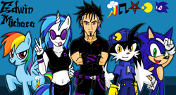 Size: 1421x769 | Tagged: safe, artist:emichaca, derpibooru import, dj pon-3, rainbow dash, vinyl scratch, anthro, crossover, klonoa, pac-man, pentagram, self insert, sonic the hedgehog, sonic the hedgehog (series)