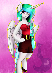 Size: 1065x1500 | Tagged: safe, artist:blackdark143, princess celestia, anthro, unguligrade anthro, arm hooves, braid, braided tail, clothes, shorts, solo