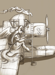 Size: 600x826 | Tagged: safe, artist:pseudosharp, derpibooru import, rainbow dash, anthro, grayscale, monochrome, os2u kingfisher, plane, sitting, smoking, solo