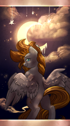 Size: 1024x1845 | Tagged: safe, artist:segraece, oc, oc only, oc:golden rain, pegasus, pony, epic, looking at you, melting, moon, night, solo, standing