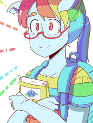 Size: 600x800 | Tagged: safe, artist:tsukusun, derpibooru import, rainbow dash, spike, anthro, ambiguous facial structure, backpack, book, egghead, floppy ears, freckles, glasses, pixiv, ponytail, rainbow dork, smiling, solo