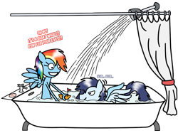 Size: 980x734 | Tagged: safe, artist:greenlinzerd, derpibooru import, rainbow dash, soarin', anthro, bath, boat, dialogue, female, male, my little boneheads, shipping, shower, simple background, soap, soarindash, straight, transparent background, wet mane