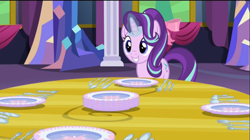 Size: 2543x1425 | Tagged: safe, screencap, starlight glimmer, pony, unicorn, no second prances, cutlery, plates, smiling, table, twilight's castle