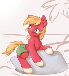 Size: 1500x1650 | Tagged: safe, artist:alasou, derpibooru import, big macintosh, earth pony, pony, clothes, cute, macabetes, male, rock, shorts, solo, stallion, topless