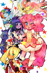 Size: 800x1236 | Tagged: safe, artist:lolisoup, derpibooru import, applejack, fluttershy, pinkie pie, rainbow dash, rarity, twilight sparkle, anthro, earth pony, pony, ambiguous facial structure, crossover, mane six, puella magi madoka magica