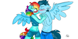 Size: 1366x686 | Tagged: safe, artist:little-pinkie-pie, derpibooru import, rainbow dash, soarin', anthro, bare chest, belly button, blushing, clothes, female, floppy ears, holding hands, kissing, male, shipping, shorts, soarindash, straight, surprise kiss, surprised, topless, wide eyes, wingboner