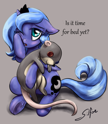 Size: 1280x1472 | Tagged: safe, artist:silfoe, derpibooru import, princess luna, tiberius, alicorn, opossum, pony, cute, filly, floppy ears, looking at you, lunabetes, lunadoodle, plushie, rubbing, silfoe is trying to murder us, sitting, sleepy, solo, tired, underhoof, weapons-grade cute, wink, woona