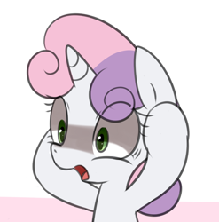 Size: 742x751 | Tagged: safe, artist:maren, derpibooru import, sweetie belle, unicorn, bust, female, filly, green eyes, horn, open mouth, simple background, solo, sweetierpg, two toned mane, white background, wide eyes