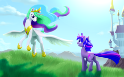 Size: 5775x3612 | Tagged: safe, artist:nadnerbd, derpibooru import, princess celestia, twilight sparkle, unicorn twilight, alicorn, pony, unicorn, canterlot castle, duo, female, mare, smiling, spread wings, wings