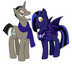 Size: 947x843 | Tagged: safe, artist:trinityinyang, oc, oc:autumn galerina, oc:diamond shadow, bat pony, pony, unicorn, clothes, night guard, scar, scarf, smiling