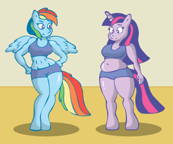 Size: 2400x2000 | Tagged: safe, artist:lordstormcaller, derpibooru import, rainbow dash, twilight sparkle, anthro, unguligrade anthro, abs, belly, belly button, breasts, chubby, envy, female, fit, headlight sparkle, midriff, muffin top, rainboob dash, training, wide hips