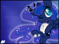 Size: 1888x1408 | Tagged: safe, artist:nekosnicker, derpibooru import, princess luna, alicorn, pony, moon, solo, stars, tangible heavenly object, wink