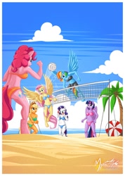 Size: 988x1384 | Tagged: safe, artist:mysticalpha, derpibooru import, applejack, fluttershy, pinkie pie, rainbow dash, rarity, twilight sparkle, twilight sparkle (alicorn), anthro, earth pony, pony, unguligrade anthro, beach, belly button, bikini, clothes, makeup, mane six, palm tree, sand, swimsuit, tree, volleyball